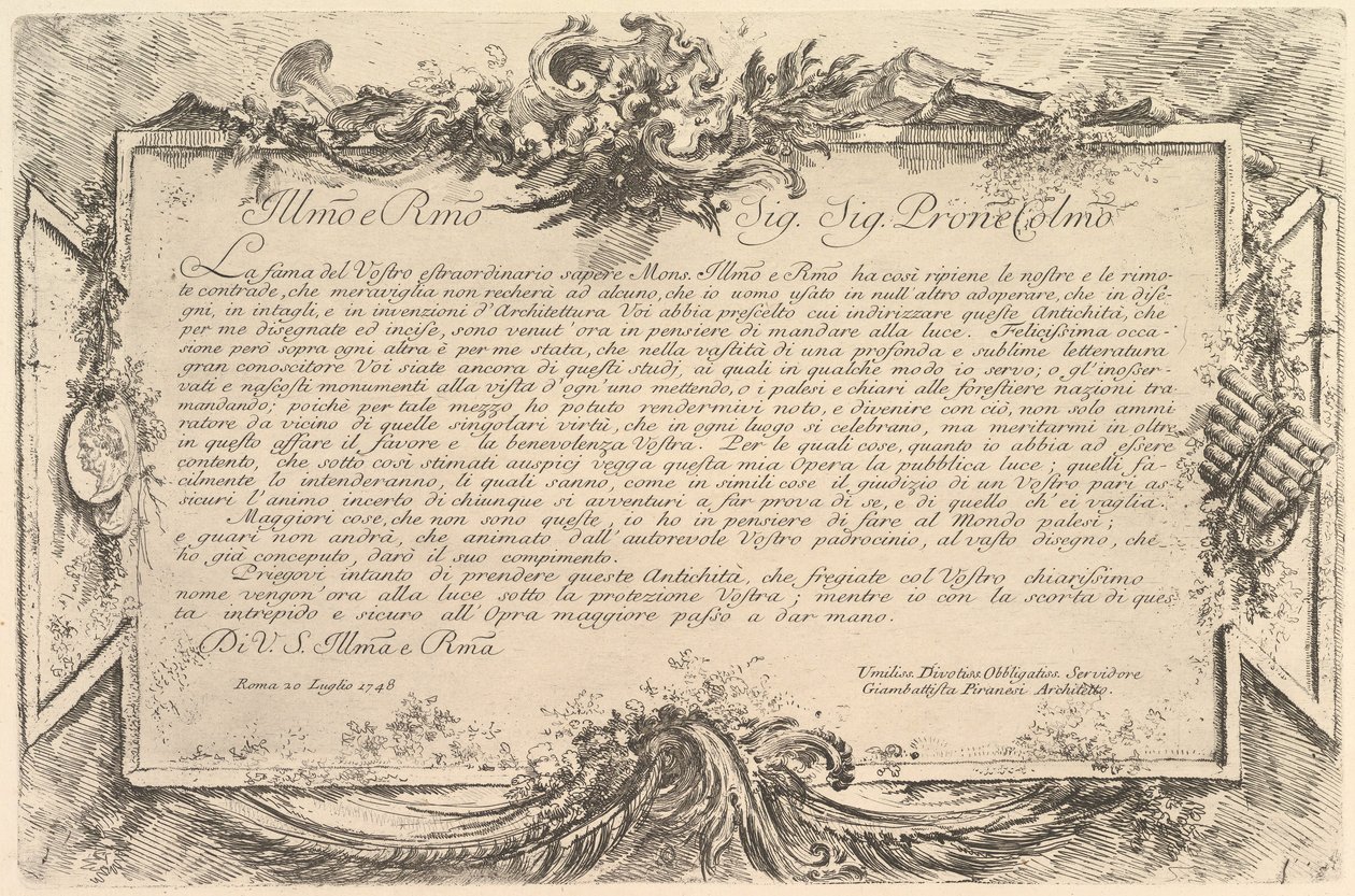 Opdracht aan Giovanni Bottari, ca. 1748 door Giovanni Battista Piranesi