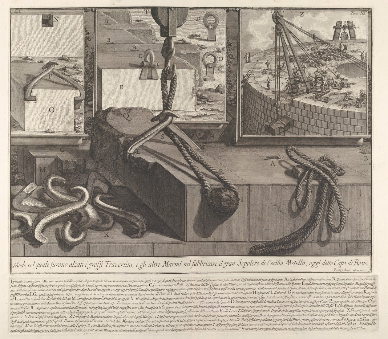 Demonstratiepaneel dat techniek toont voor het heffen van travertijn- en marmerblokken voor de bouw door Giovanni Battista Piranesi