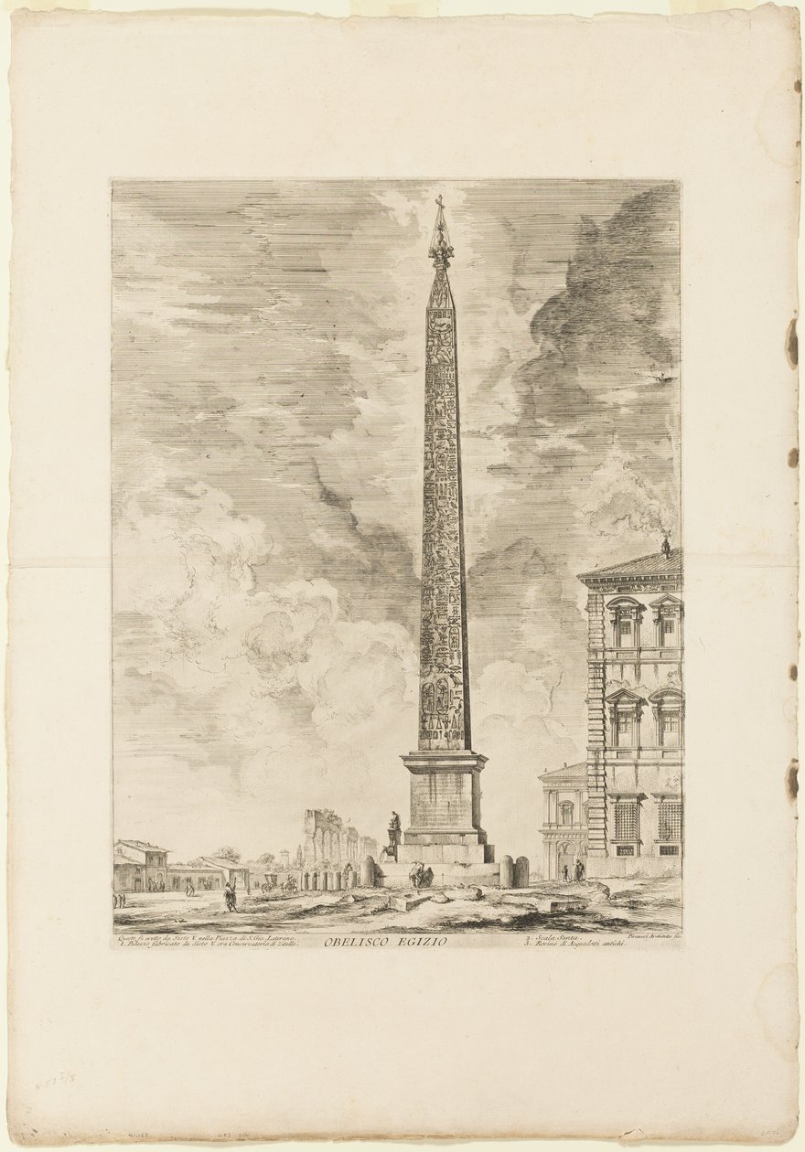 Egyptische obelisk. Deze werd opgericht door paus Sixtus V op het Piazza van St. Jan van Lateranen, uit Zichten van Rome door Giovanni Battista Piranesi