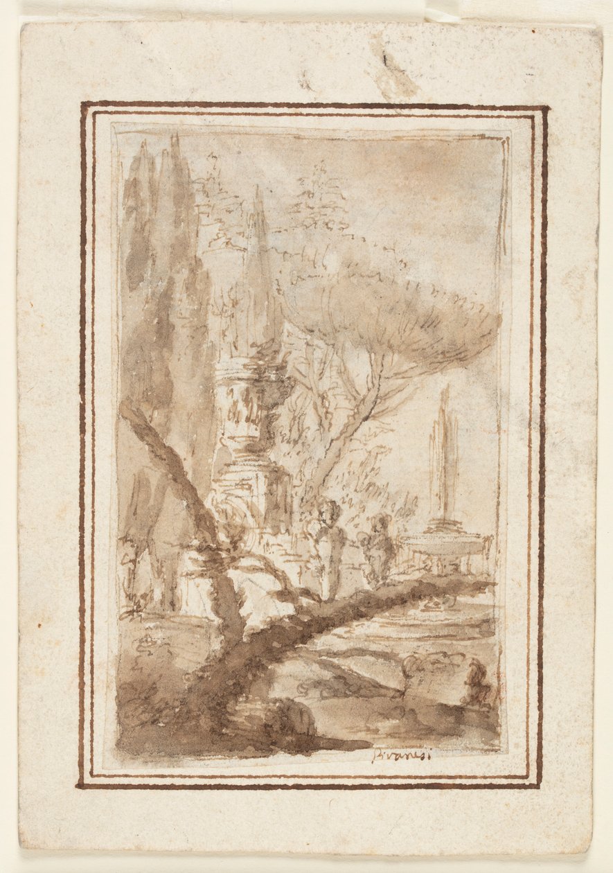 Fantasie van een tuin met een monumentale urn, sculpturen en een fontein door Giovanni Battista Piranesi