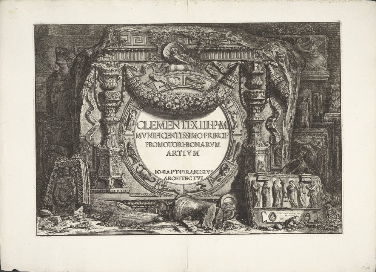 Frontispice met een groep ornamentele wandfragmenten door Giovanni Battista Piranesi
