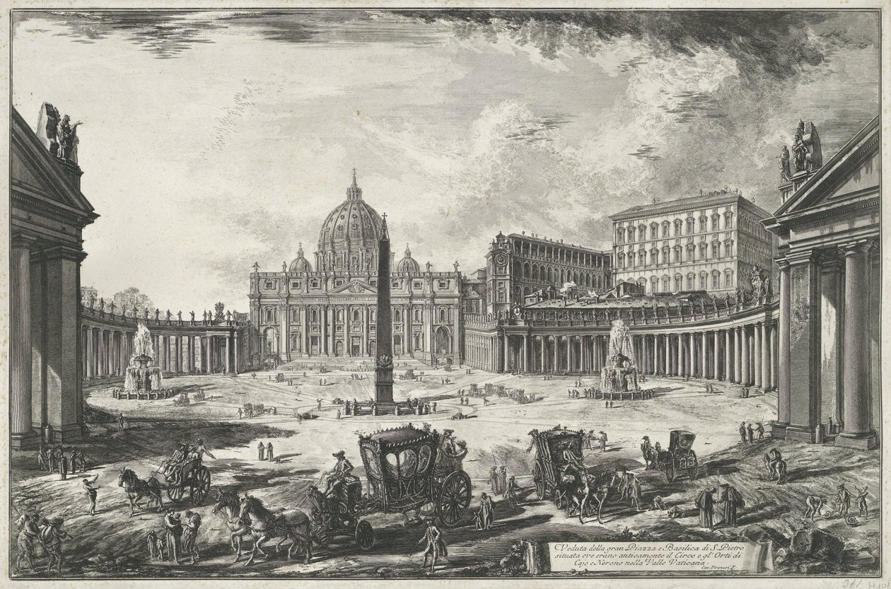 Gezicht op het Sint-Pietersplein met de Sint-Pietersbasiliek te Vaticaanstad door Giovanni-Battista Piranesi