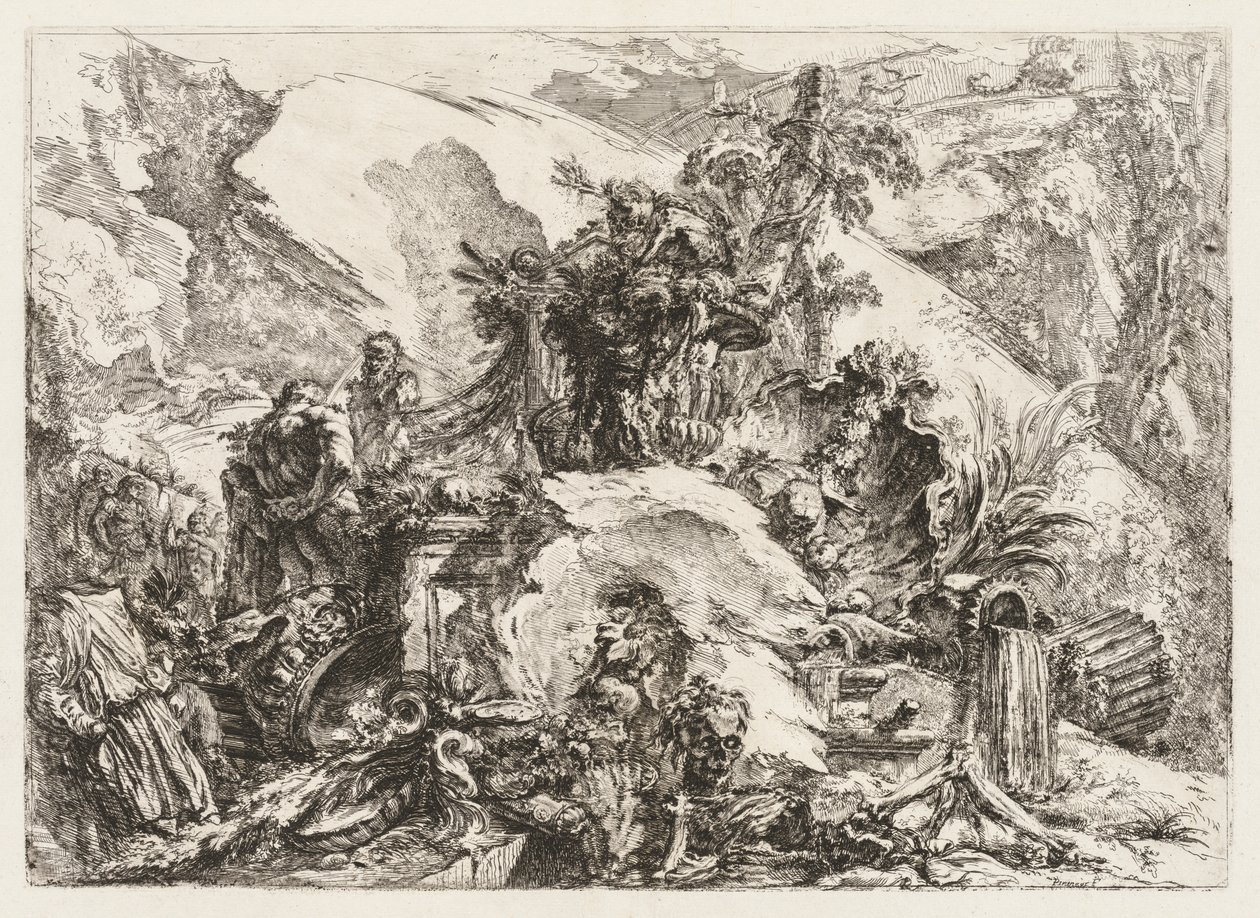Groteschi: Ruïnes met doodshoofd en skelet door Giovanni Battista Piranesi