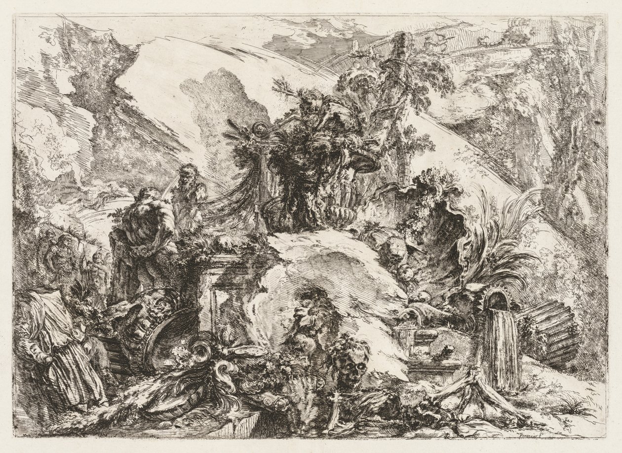 Grotesken: Ruïnes met doodshoofd en skelet door Giovanni Battista Piranesi