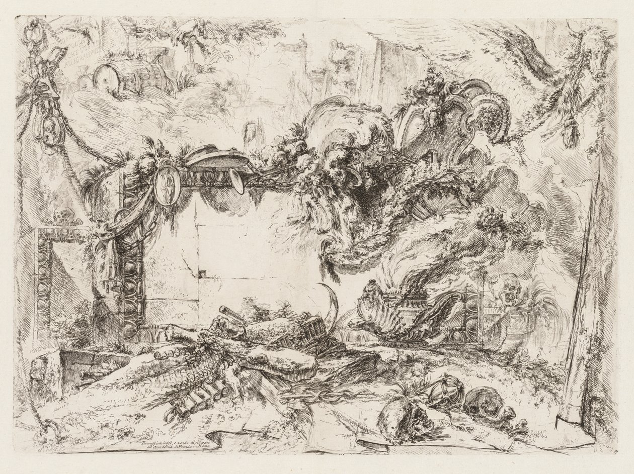 Groteschi: Ruïnes met schedels en een rokende vaas door Giovanni Battista Piranesi
