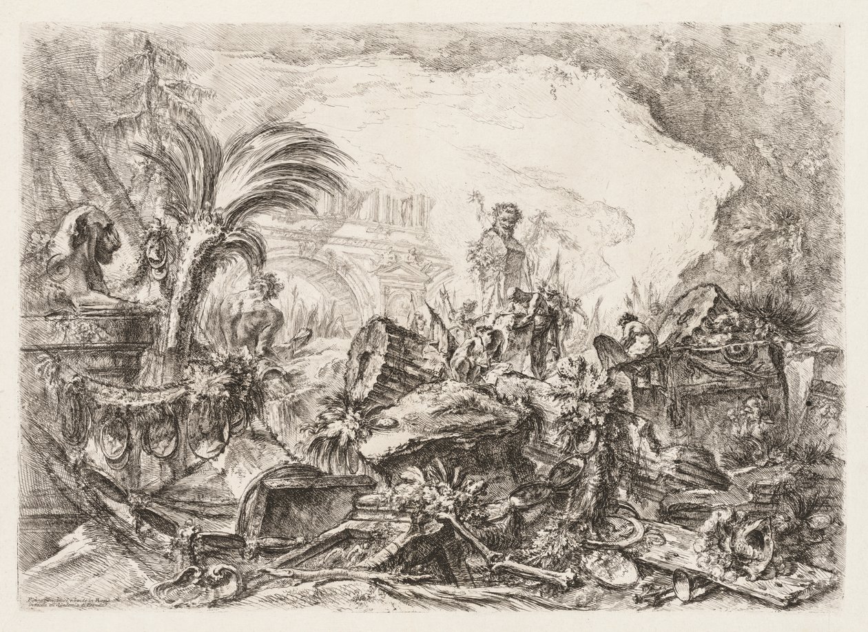 Groteschi: Ruïnes met een standbeeld van een faun en een gevallen zuil door Giovanni Battista Piranesi