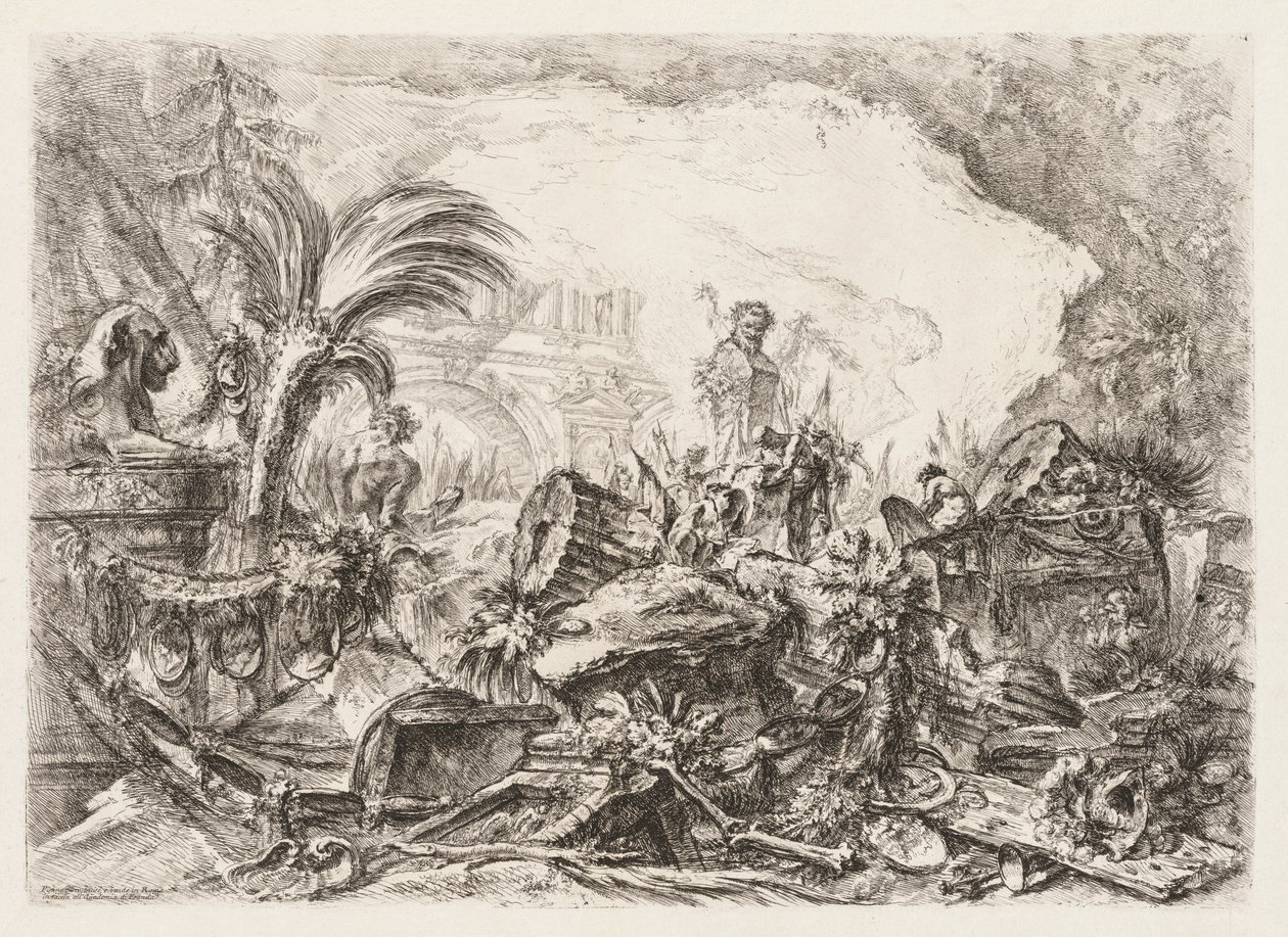 Groteschi: Ruïnes met een standbeeld van een faun en een gevallen zuil, ca. 1745-50 door Giovanni Battista Piranesi