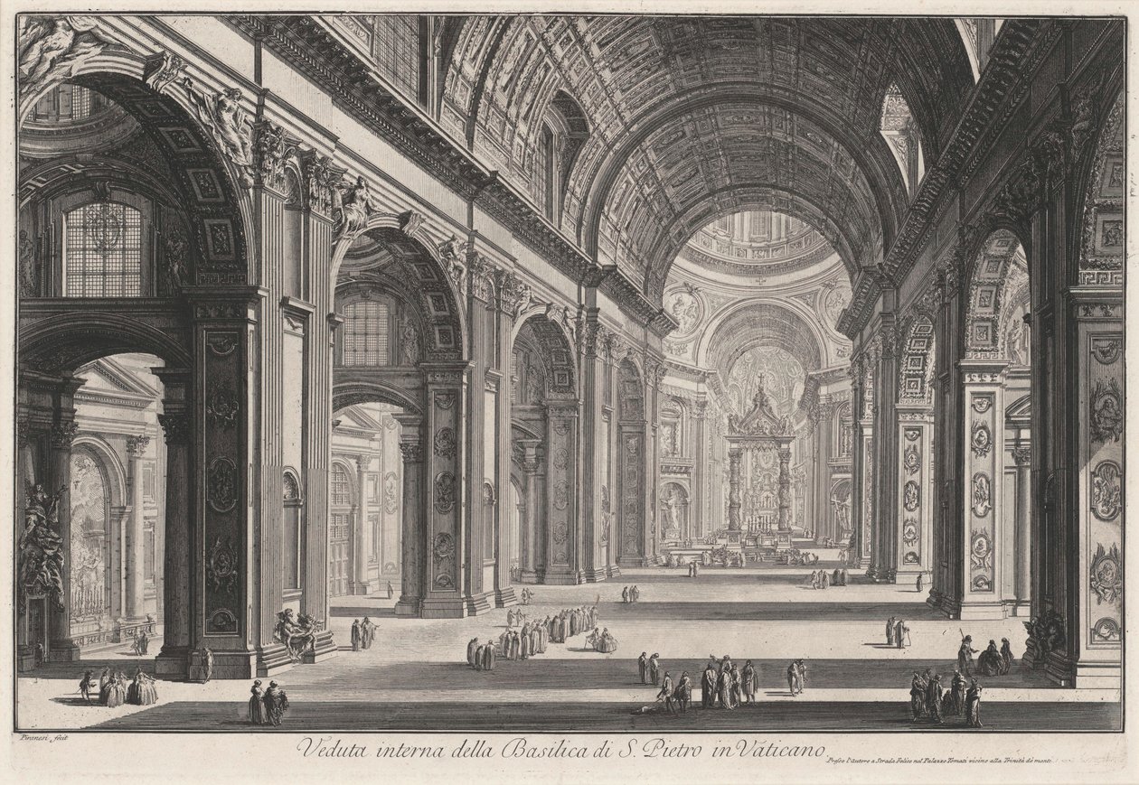 Interieur van de basiliek San Pietro in Vaticano (uit: Vedute di Roma) door Giovanni Battista Piranesi