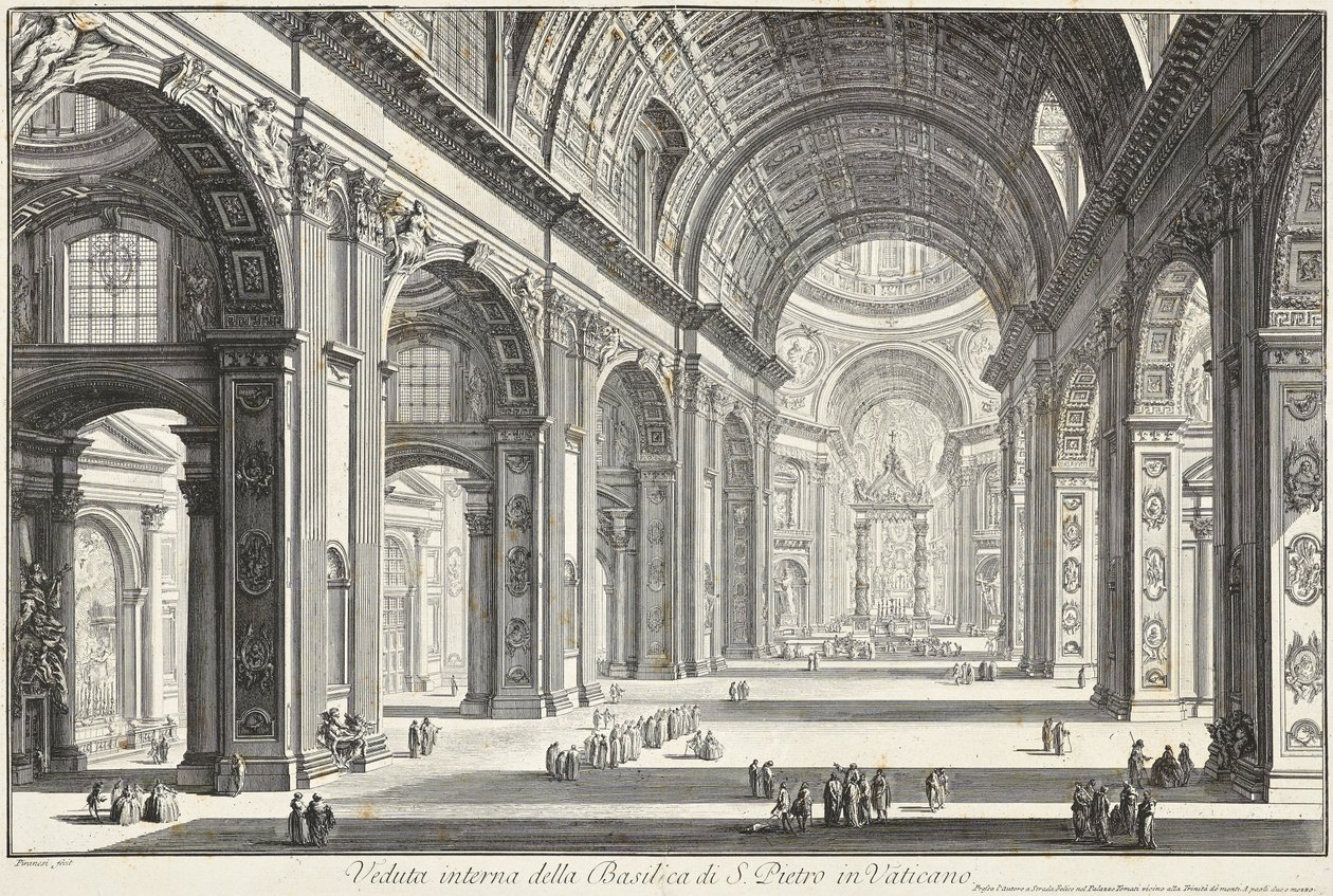 Interieur van de Sint-Pietersbasiliek in het Vaticaan door Giovanni Battista Piranesi