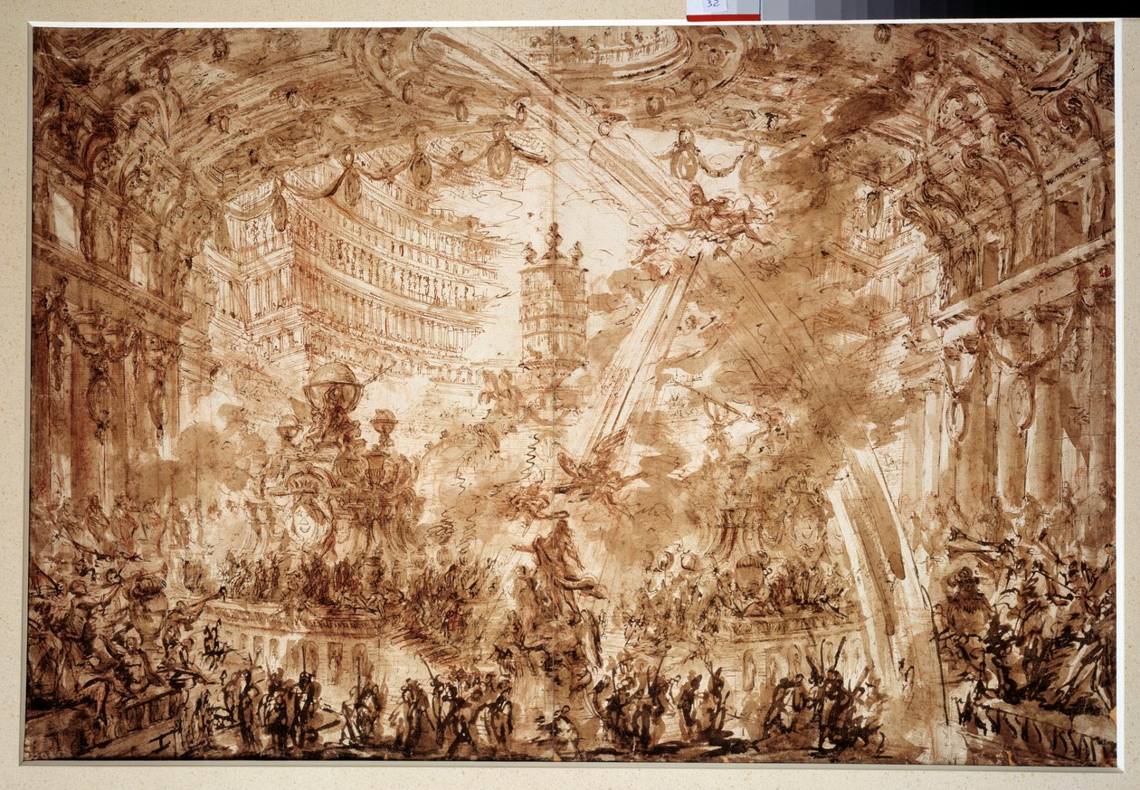 Binnen een paleis: twee vliegende figuren kronen een personage door Giovanni Battista Piranesi