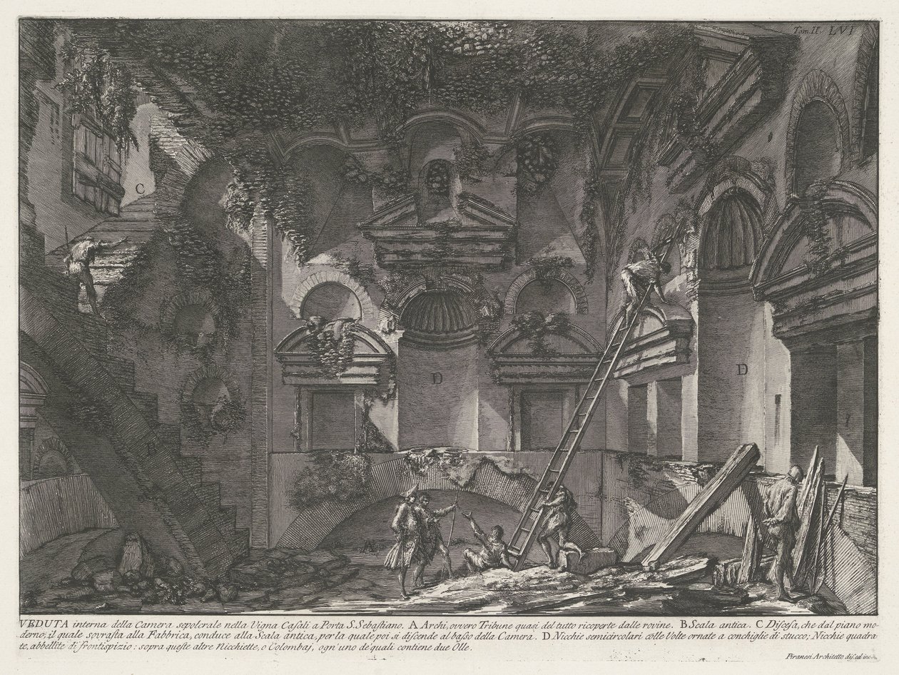 Interieur van graftombe bij Vigna Casali Archeologische vondsten in en rond Rome (serietitel) Le Antichità Romane (serietitel) door Giovanni Battista Piranesi