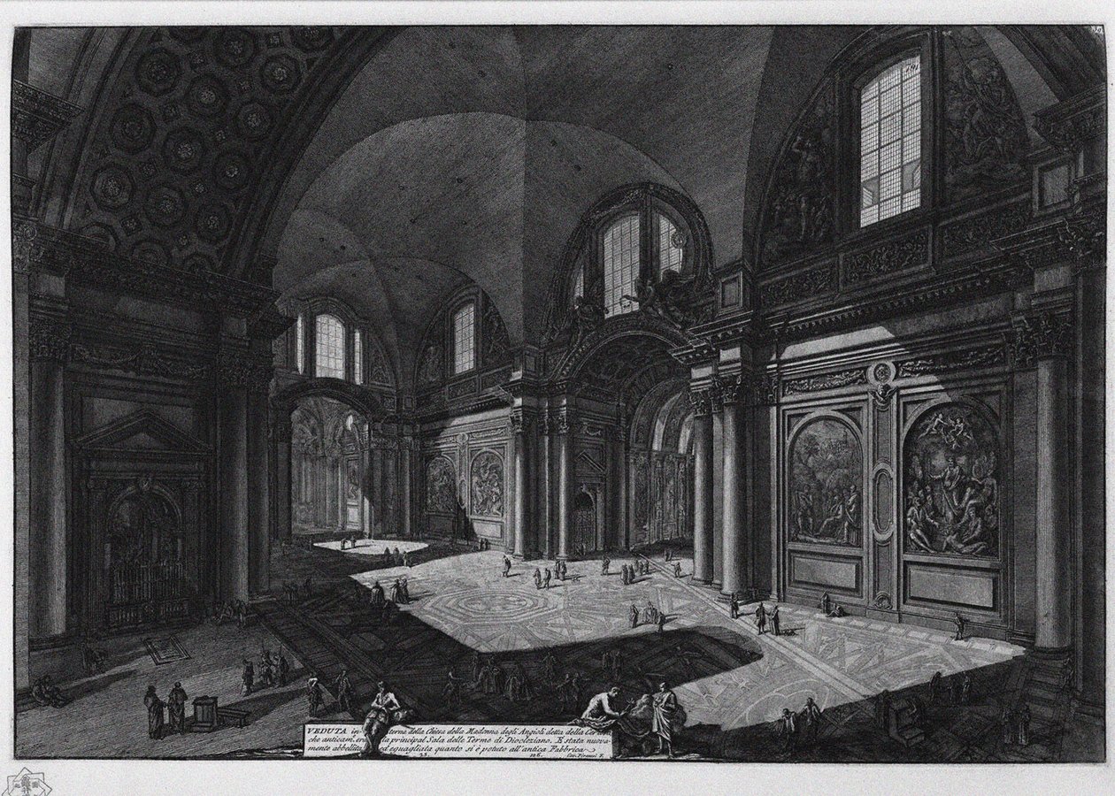 Interieur van de basiliek van Santa Maria degli Angeli, voormalige baden van Diocletianus door Giovanni Battista Piranesi