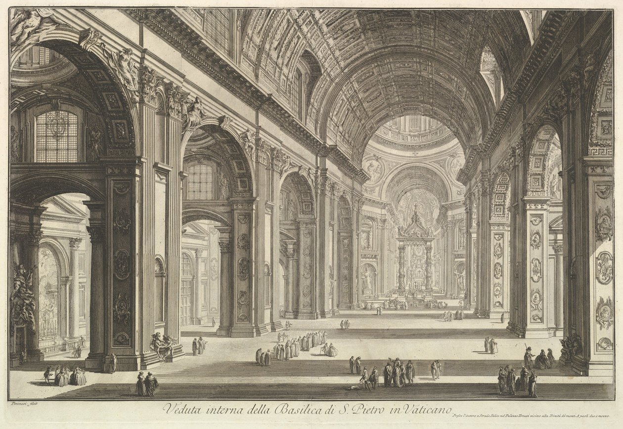 Interieurgezicht van de Sint-Pietersbasiliek in het Vaticaan, uit „Vedute di Roma“ (Romeinse gezichten) door Giovanni Battista Piranesi