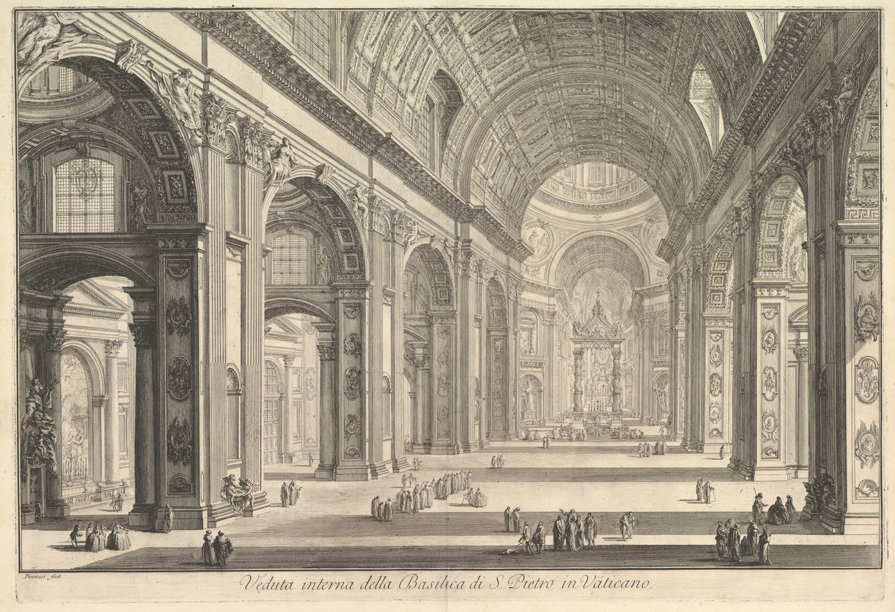 Binnenaanzicht van de Sint-Pietersbasiliek in het Vaticaan, uit Vedute di Roma Romeinse Zichten, ca. 1748 door Giovanni Battista Piranesi