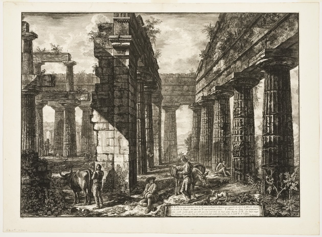 Interieur van de overblijfselen van een van de pronaoi van de Tempel van Neptunus die landinwaarts gericht is, uit Verschillende Zichten van Paestum door Giovanni Battista Piranesi