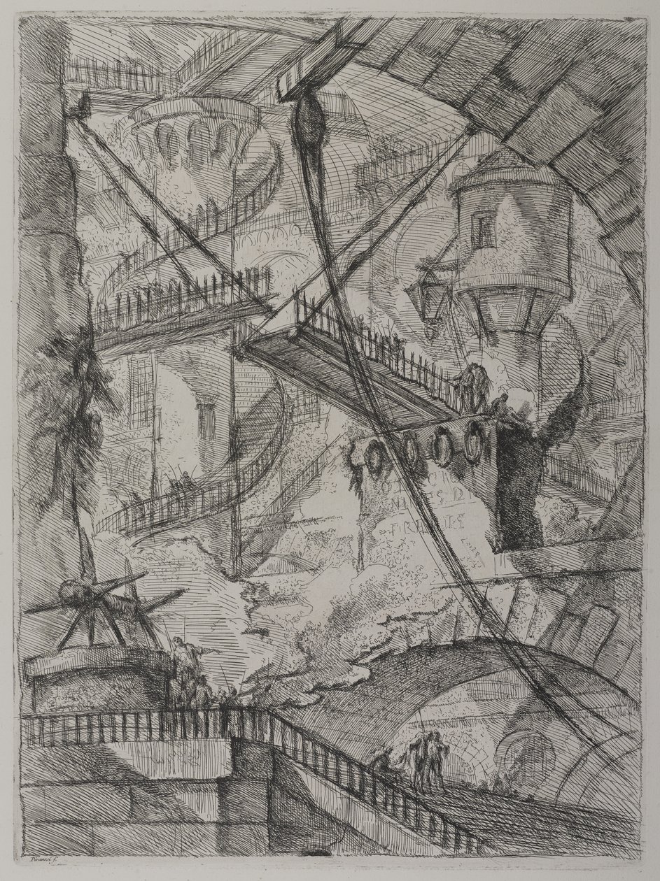 Invenzioni Capric di Carceri; Hind 7, Eerste Staat van Drie, ca. 1749 door Giovanni Battista Piranesi