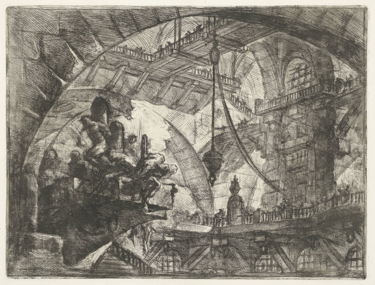 Kerker met gevangenen op uitstekend platform door Giovanni Battista Piranesi