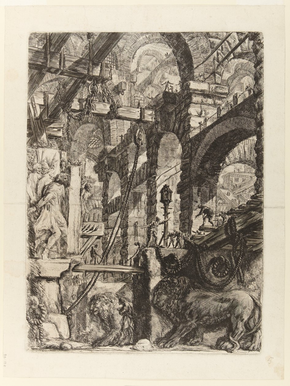 De Gevangenissen van de Uitvinding, Plaat V: De leeuwen Bas-Reliëfs door Giovanni Battista Piranesi
