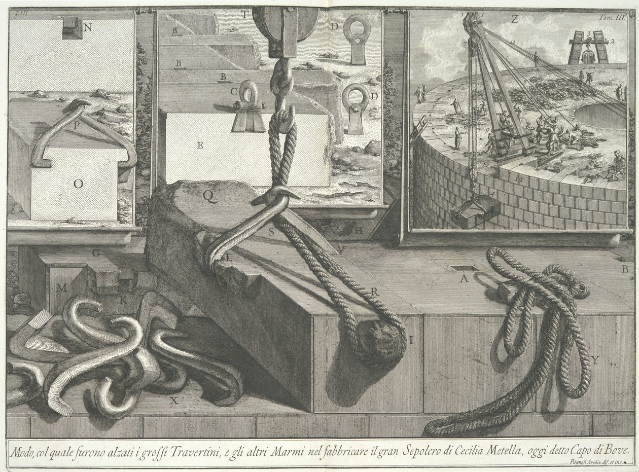 Middelen waarmee de grote blokken travertijn en marmer werden opgetild, 1756-57 door Giovanni Battista Piranesi