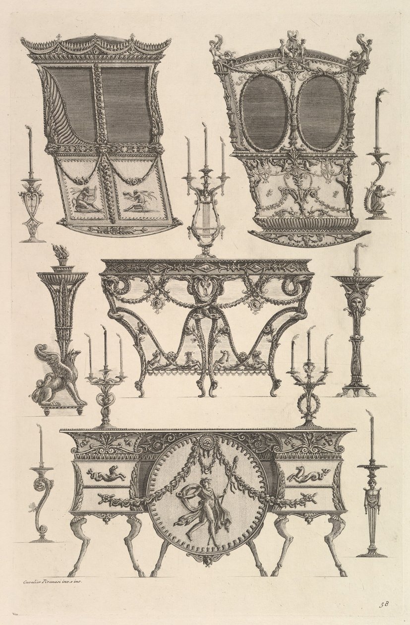 Diverse meubels waaronder twee draagstoelen, een bijzettafel en een commode, ca. 1769 door Giovanni-Battista Piranesi