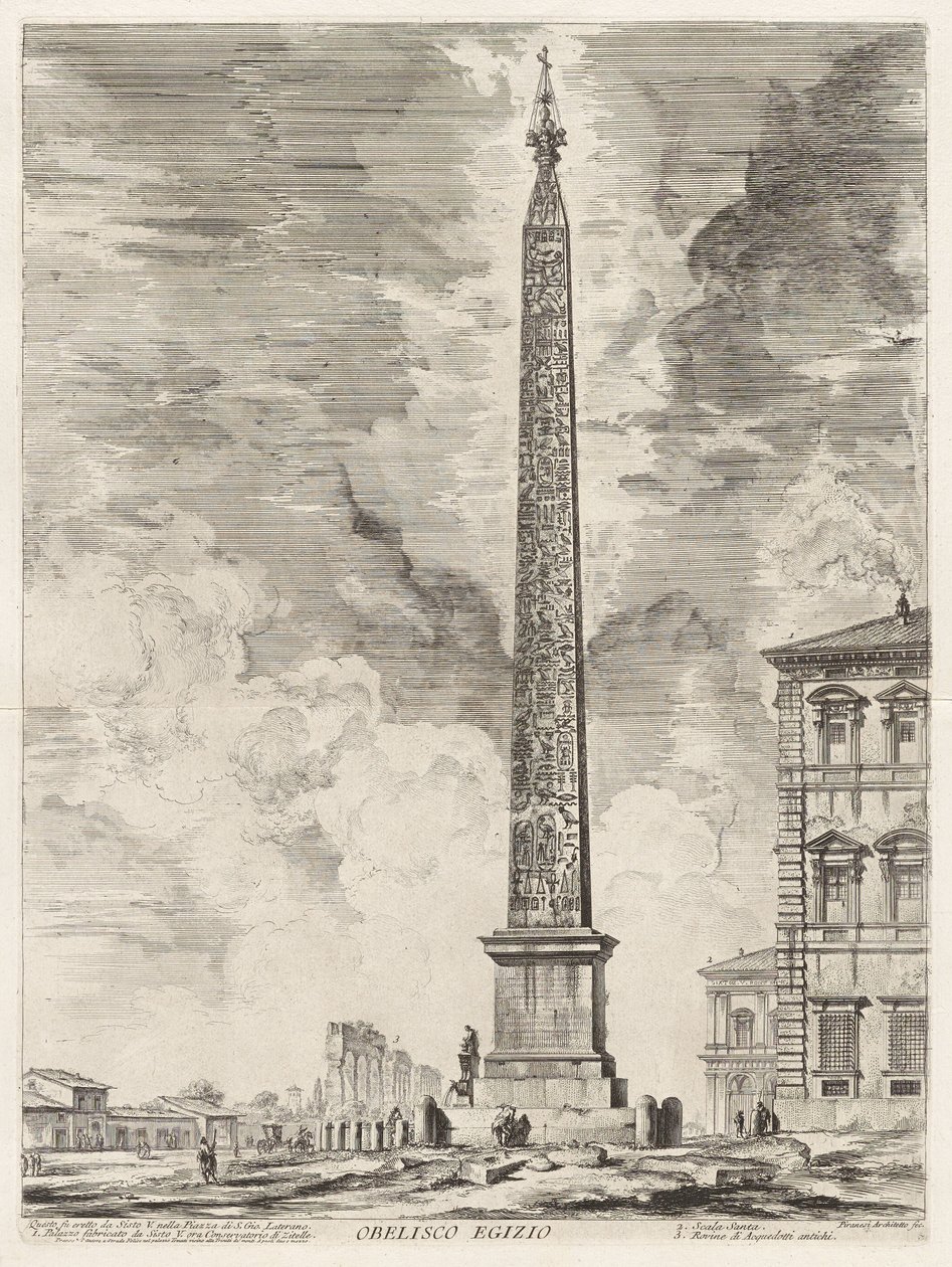 Egyptische obelisk. Deze werd opgericht door paus Sixtus V op de Piazza di S. Gio. Laterano, uit Vedute di Roma (Gezichten op Rome) door Giovanni Battista Piranesi