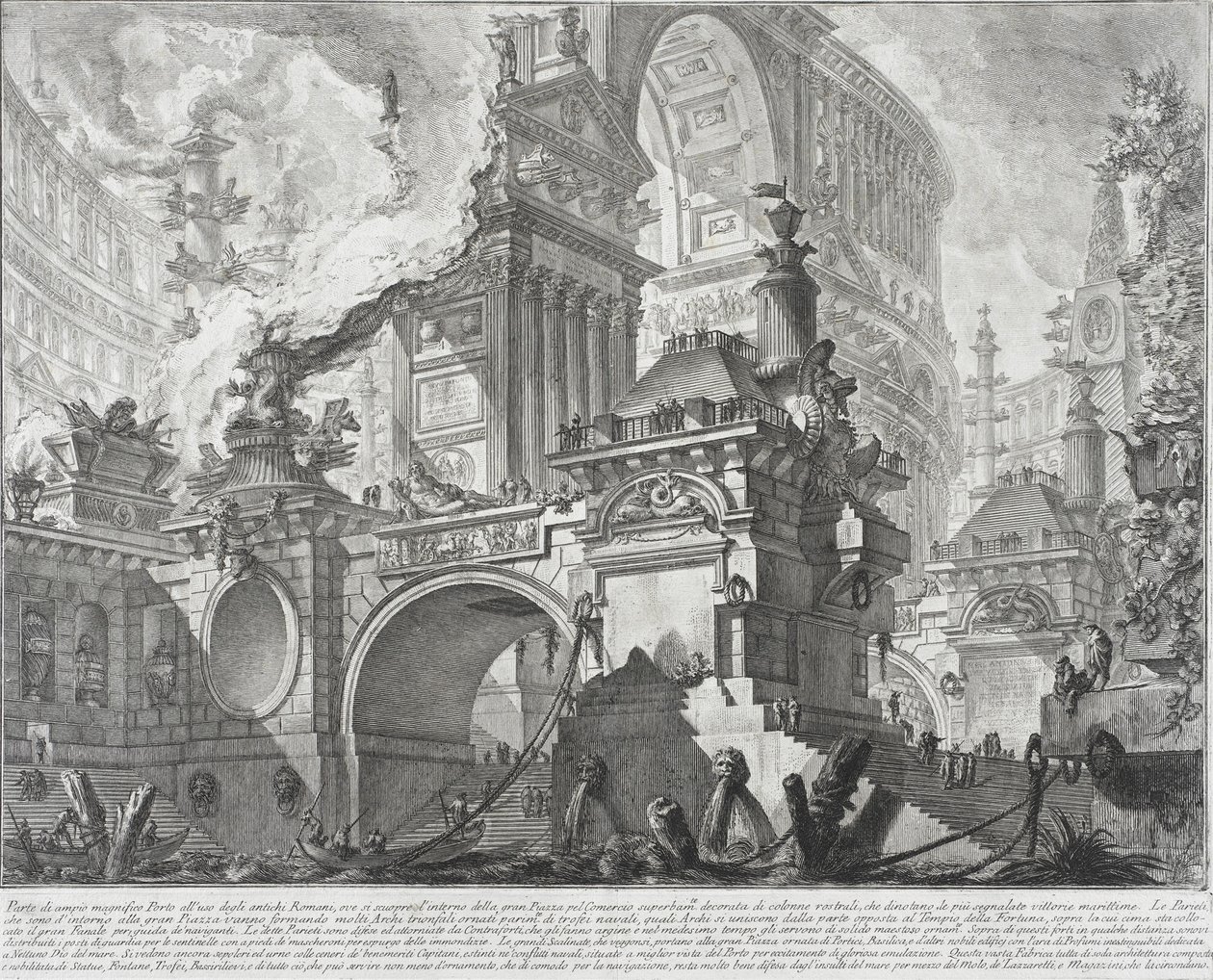 Deel van een ruime en prachtige haven voor de oude Romeinen die uitkomt op een groot marktplein, 1761-80 door Giovanni Battista Piranesi