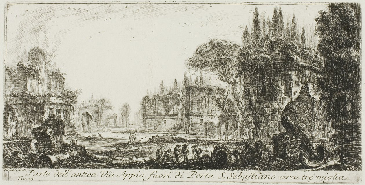 Deel van de oude Via Appia ongeveer drie mijl buiten Porta S. Sebastiano, plaat 19 uit Enkele Zichten op Triomfbogen en andere monumenten door Giovanni Battista Piranesi