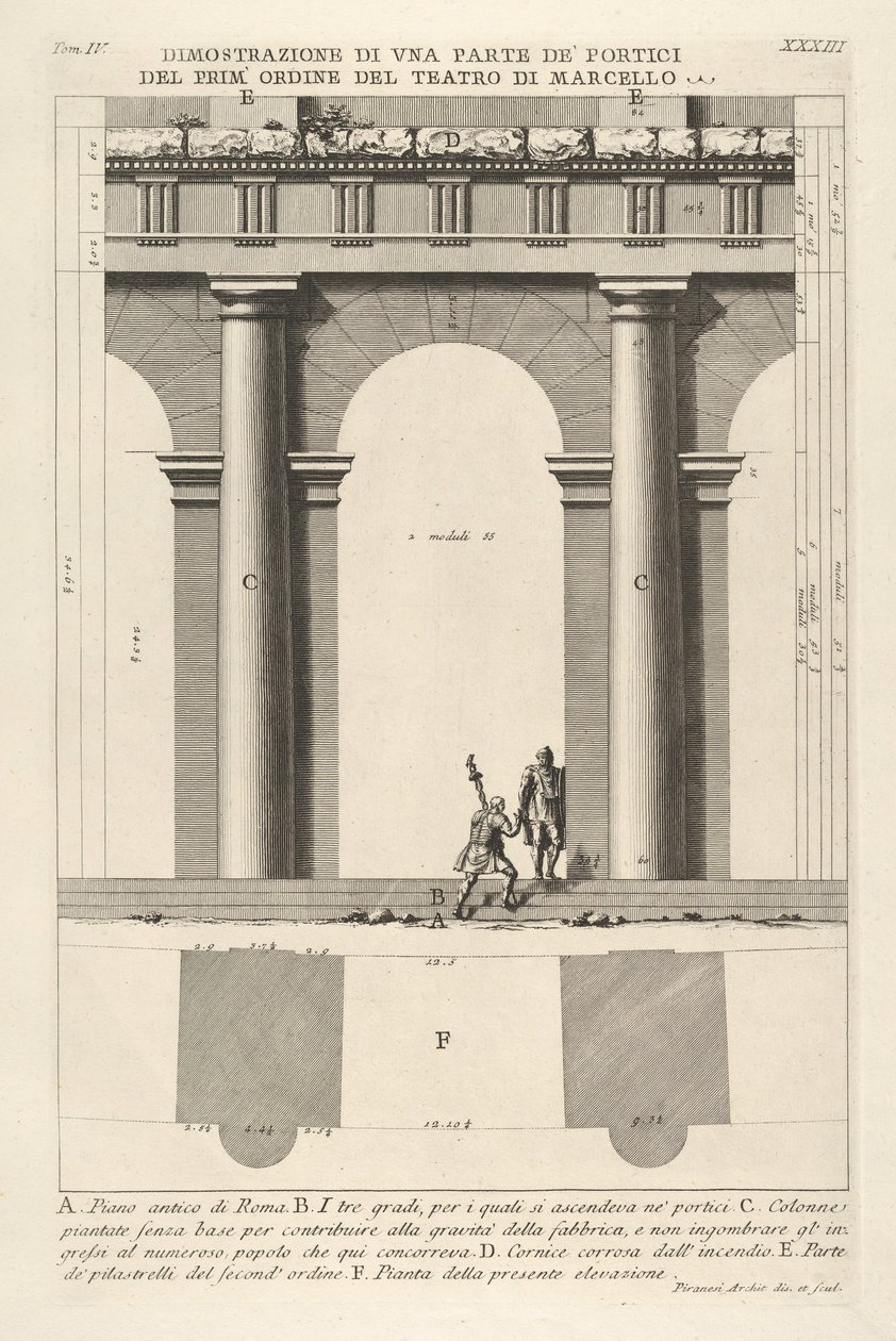 Gedeeltelijke Elevatie en Plattegrond van het Eerste-orde Portiek bij het Theater van Marcellus door Giovanni Battista Piranesi