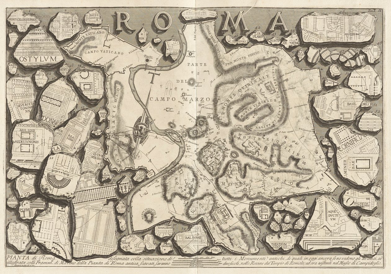 Pianta de Roma disegnata colla situazione di tutti i monumenti antichi door Giovanni Battista Piranesi