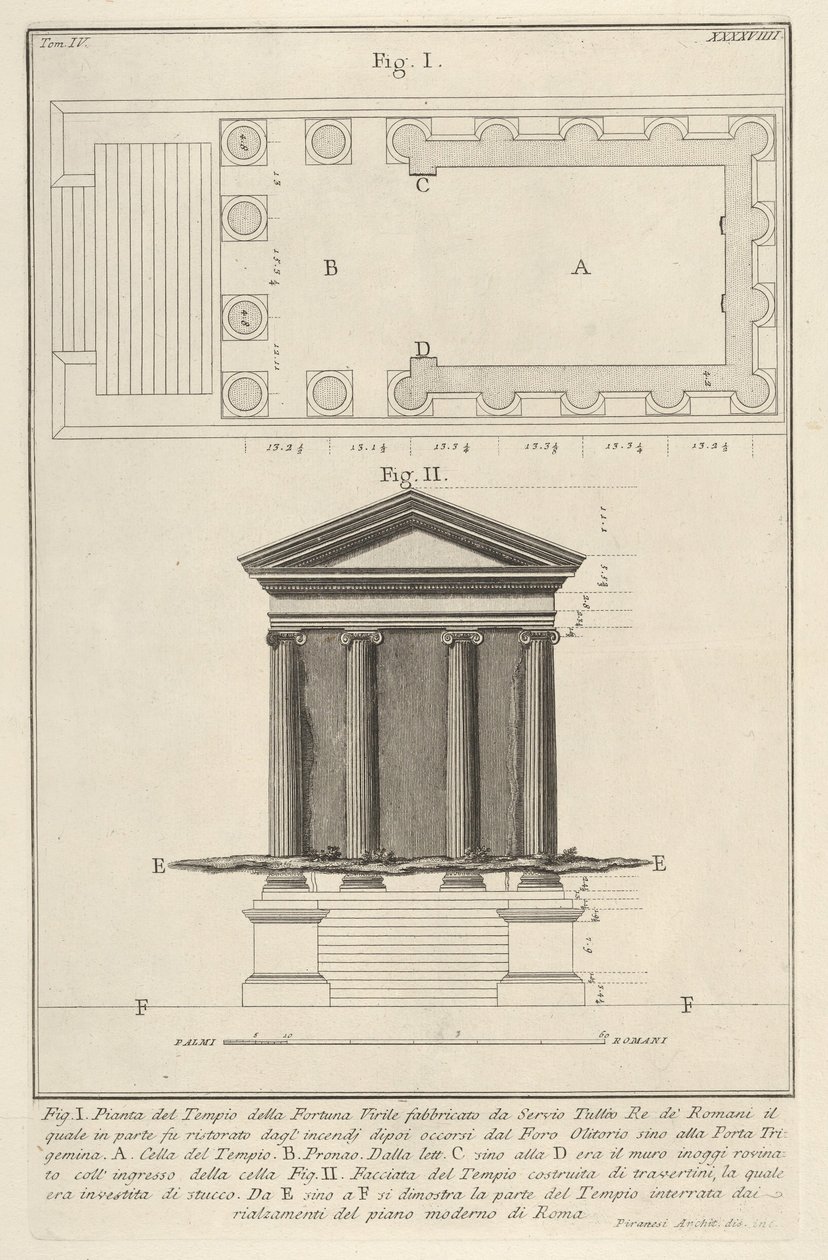 Plan en gevel van de Tempel van Fortuna Virilis, uit de serie..., 1756 door Giovanni Battista Piranesi