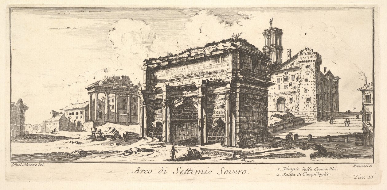Plaat 13: Boog van Settimius Severus 1. Tempel van Concord. 2. Beklimming naar het Capitool... door Giovanni Battista Piranesi