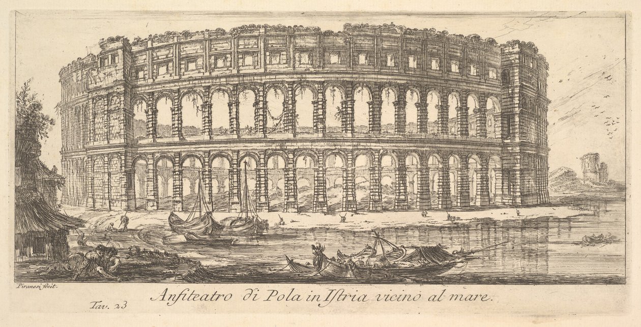 Plaat 23: Amfitheater van Pola in Istrië nabij de zee Anfiteatro di Pola in Istria vi..., ca. 1748 door Giovanni Battista Piranesi