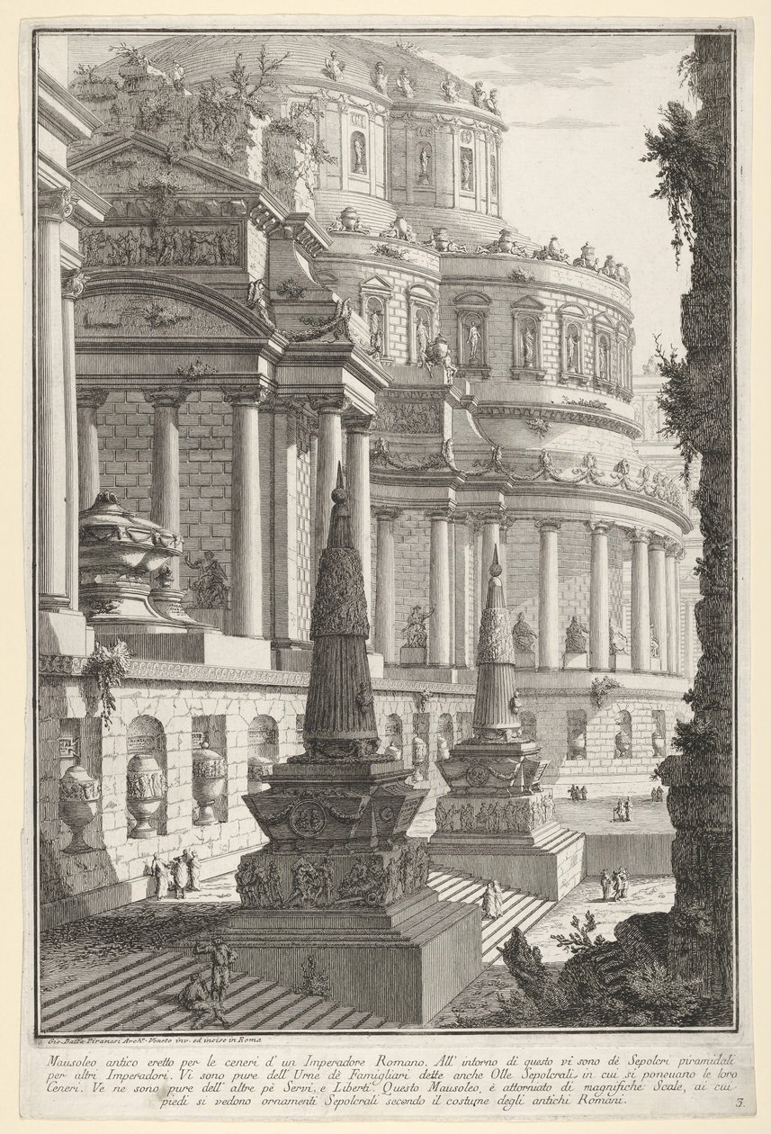 Plaat 3: Oud mausoleum opgericht voor de as van een Romeinse keizer Mausoleo antico, 1743 door Giovanni Battista Piranesi