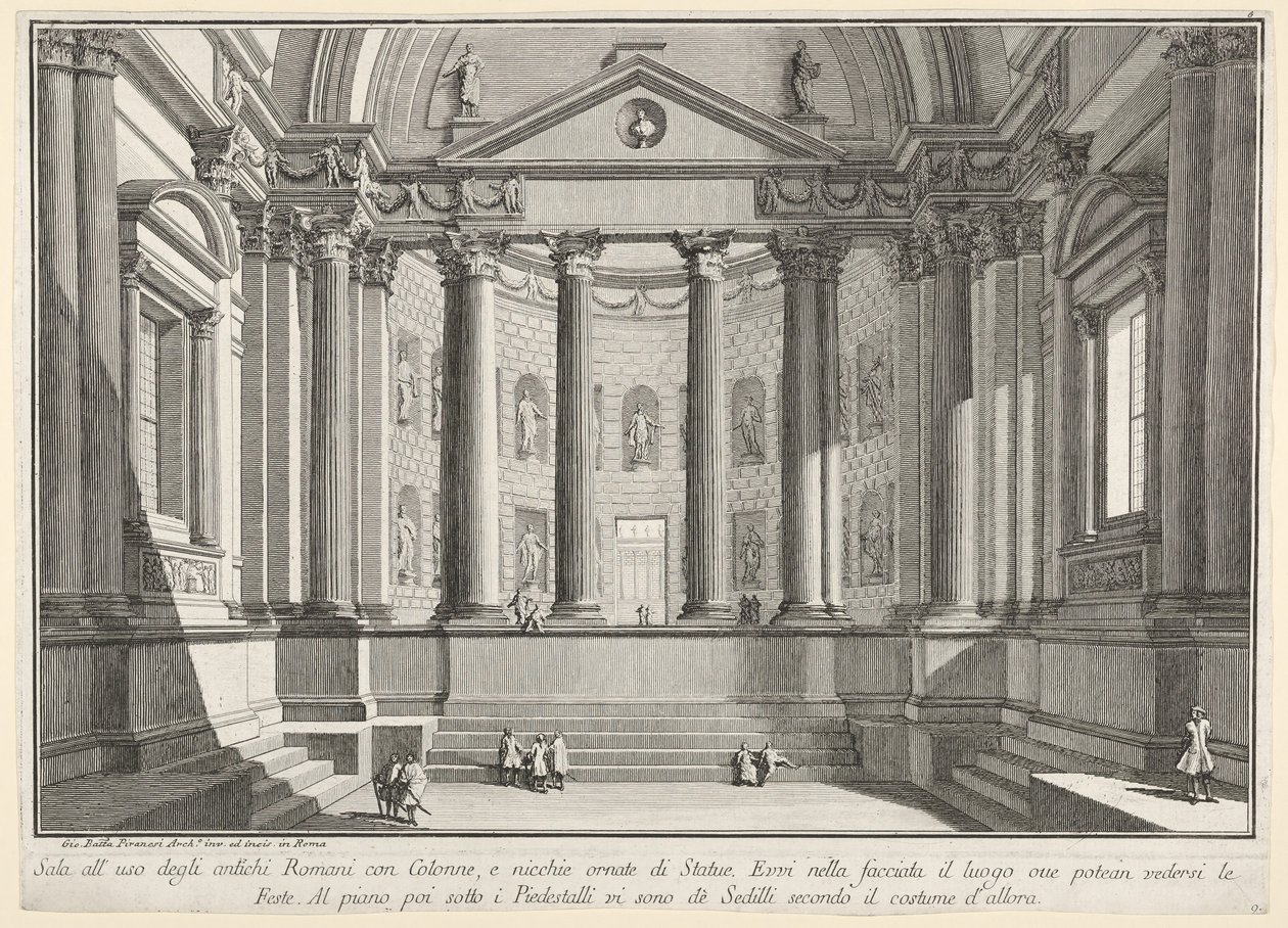 Plaat 9: Zuilengang volgens de gewoonte van de oude Romeinen, en nissen versierd..., 1743 door Giovanni Battista Piranesi