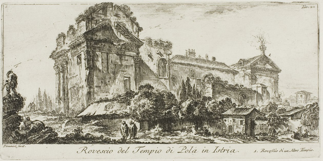 Achteraanzicht van de tempel van Pola in Istrië. Achteraanzicht van een andere tempel, plaat 22 uit Enkele uitzichten van triomfbogen en andere monumenten door Giovanni-Battista Piranesi