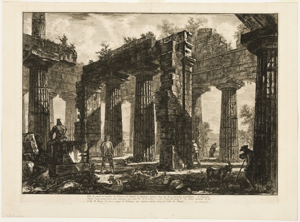 Achteraanzicht van de Restanten van de Pronaos van de Tempel van Neptunus, getekend in de twee voorgaande platen, uit Verschillende Uitzichten van Paestum door Giovanni Battista Piranesi