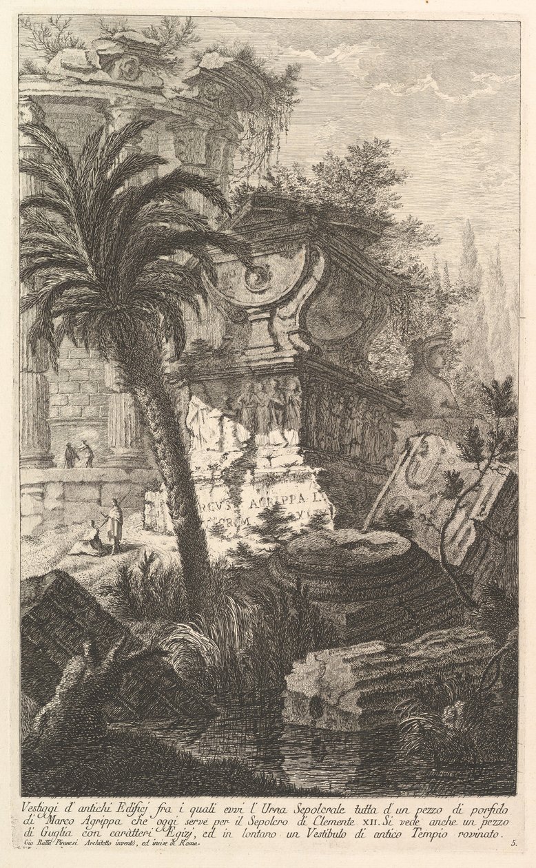 Resten van oude gebouwen waaronder de grafurn van Marcus Agrippa ma..., ca. 1750 door Giovanni Battista Piranesi