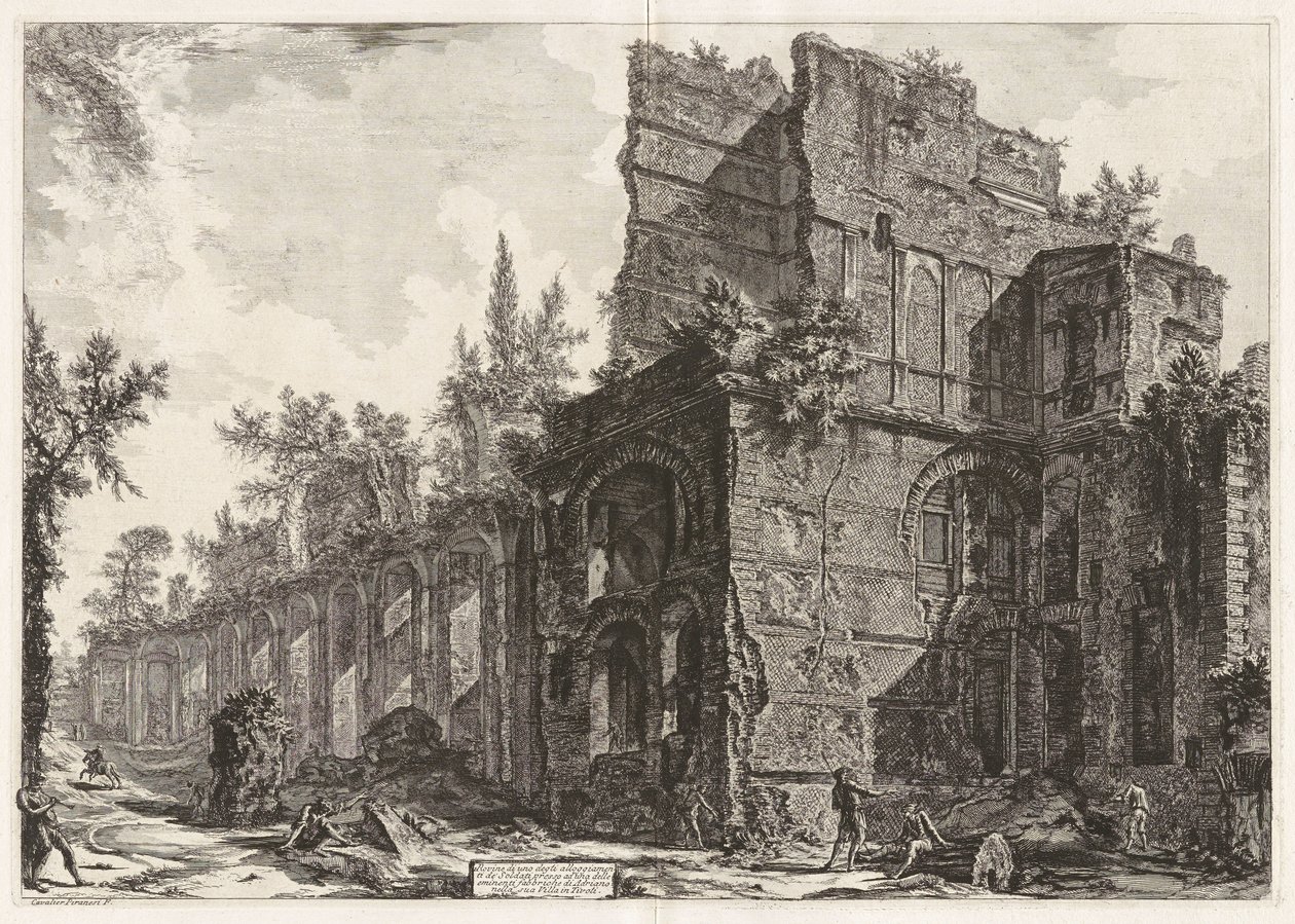 Ruïnes van een van de soldatenkazernes bij een van de voorname bouwwerken van Hadrianus in zijn villa in Tivoli, het zogenoemde Pretorio door Giovanni Battista Piranesi