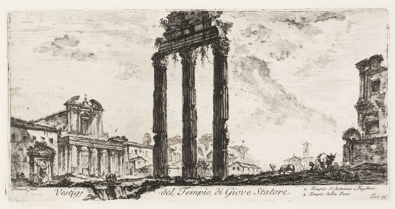 Ruïnes van de Tempel van Jupiter Stator [Jupiter de Ondersteuner]. 1. Tempel van Antoninus en Faustina. 2. Tempel van Vrede, plaat 10 uit Enkele Zichten op Triomfbogen en andere Monumenten door Giovanni Battista Piranesi