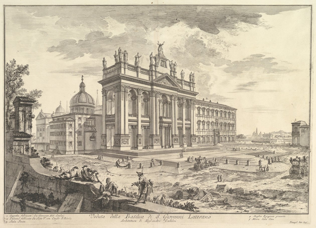 S. Giovanni in Laterano, hoofdgevel, met paleis en Scala Santa rechts (Veduta della Basilica di S. Giovanni Laterano), uit „Vedute di Roma“ door Giovanni Battista Piranesi