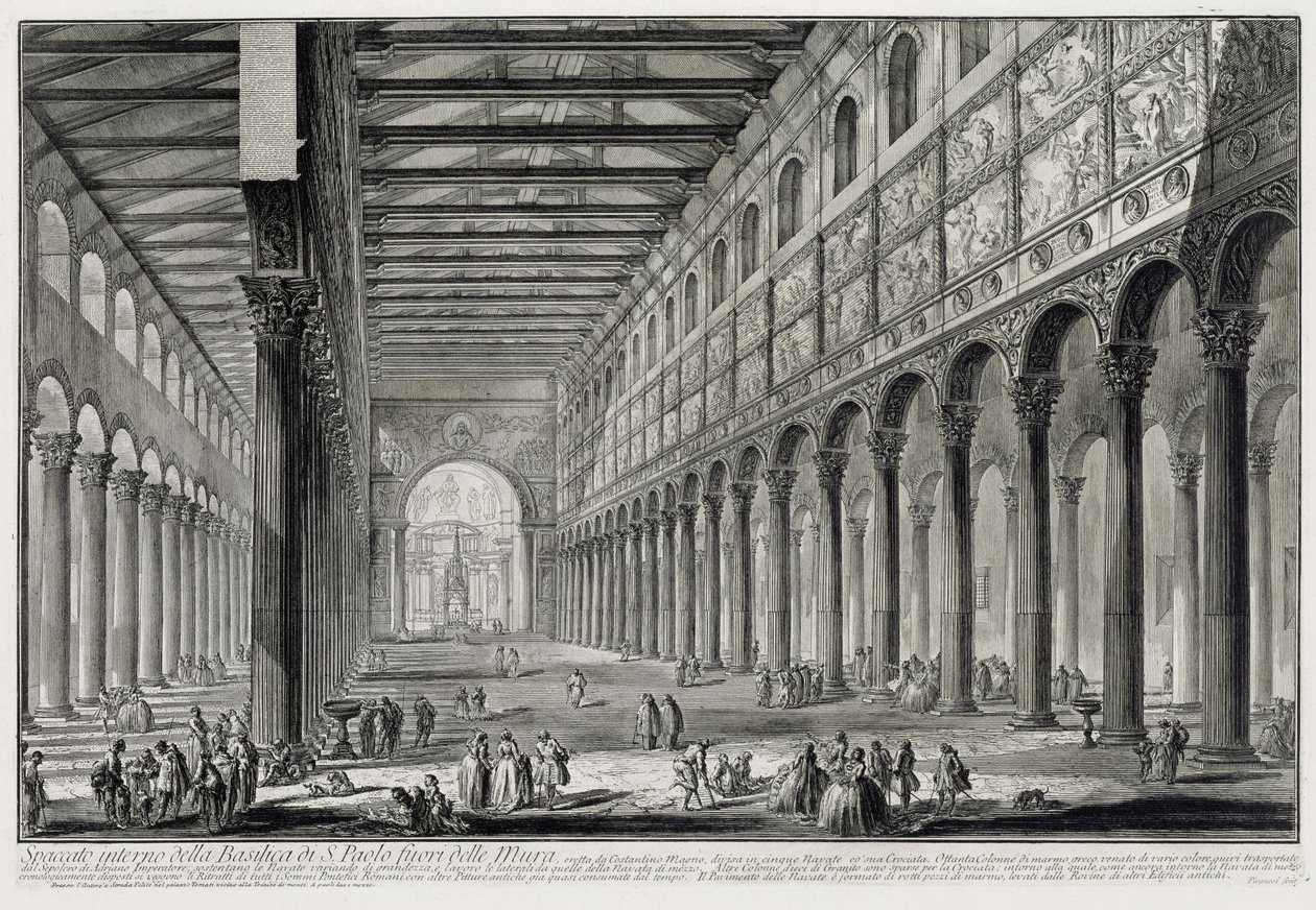 Doorsnede van het interieur van de basiliek San Paolo fuori le Mura (uit: Vedute di Roma) door Giovanni Battista Piranesi