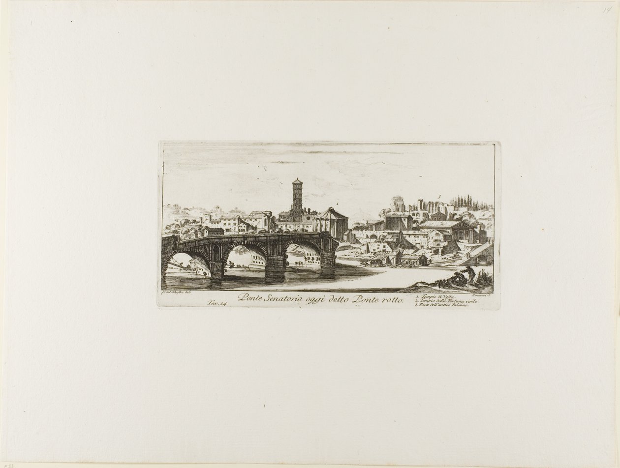 Senatoriale Brug, tegenwoordig Ponte Rotto [Gebroken Brug] genoemd. 1. Tempel van Vesta. 2. Tempel van Fortuna Virilis. 3. Deel van de oude Palatijn, plaat 14 uit Some Views of Triumphal Arches and other Monuments. door Giovanni Battista Piranesi