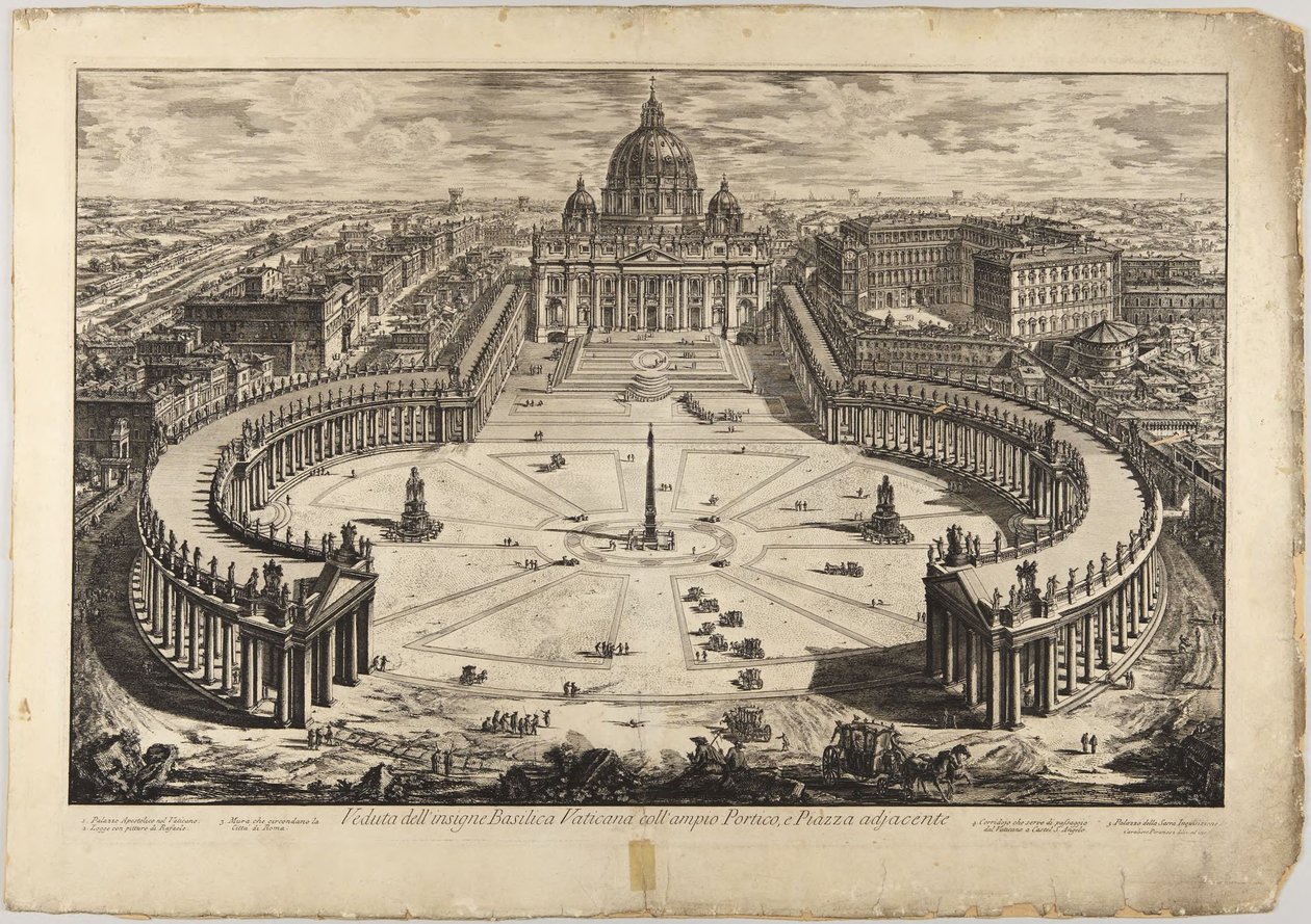 Sint-Pieter met voorplein en zuilengangen: vogelvluchtperspectief door Giovanni Battista Piranesi