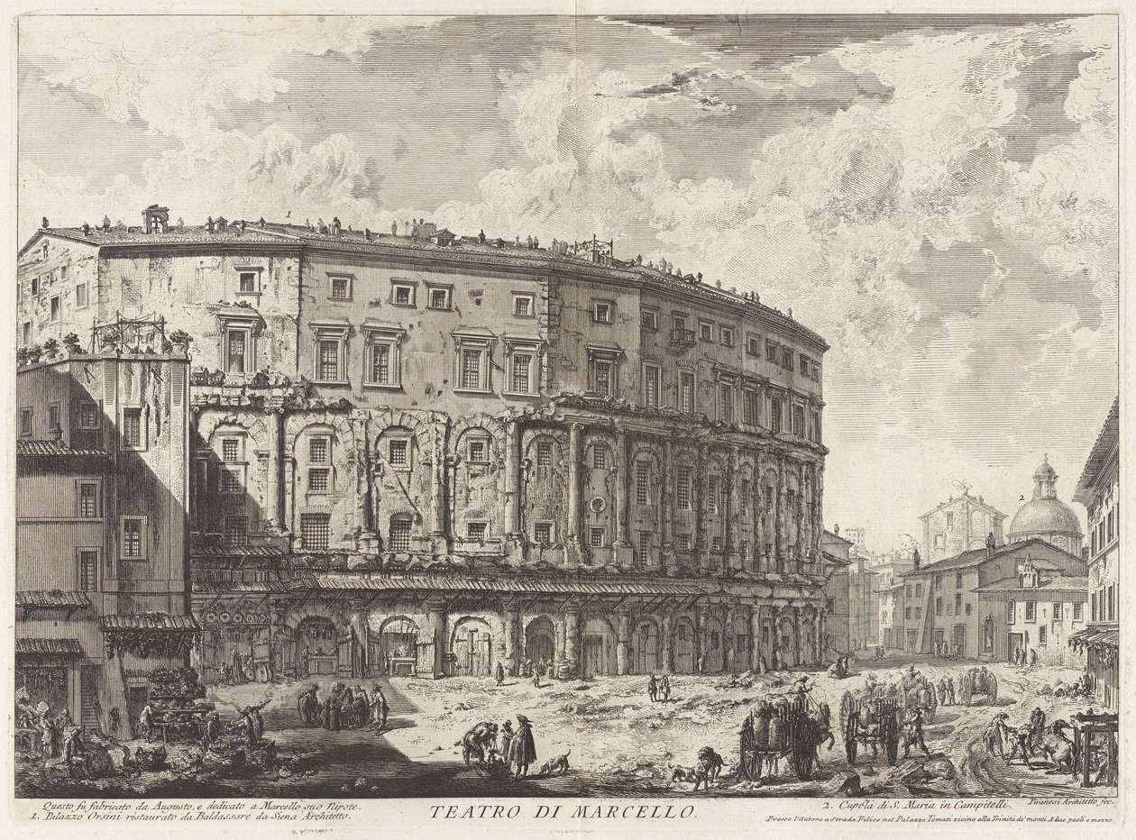 Teatro di Marcello. Dit werd gebouwd door Augustus en opgedragen aan zijn neef Marcellus, uit Vedute di Roma (Gezichten van Rome) door Giovanni Battista Piranesi