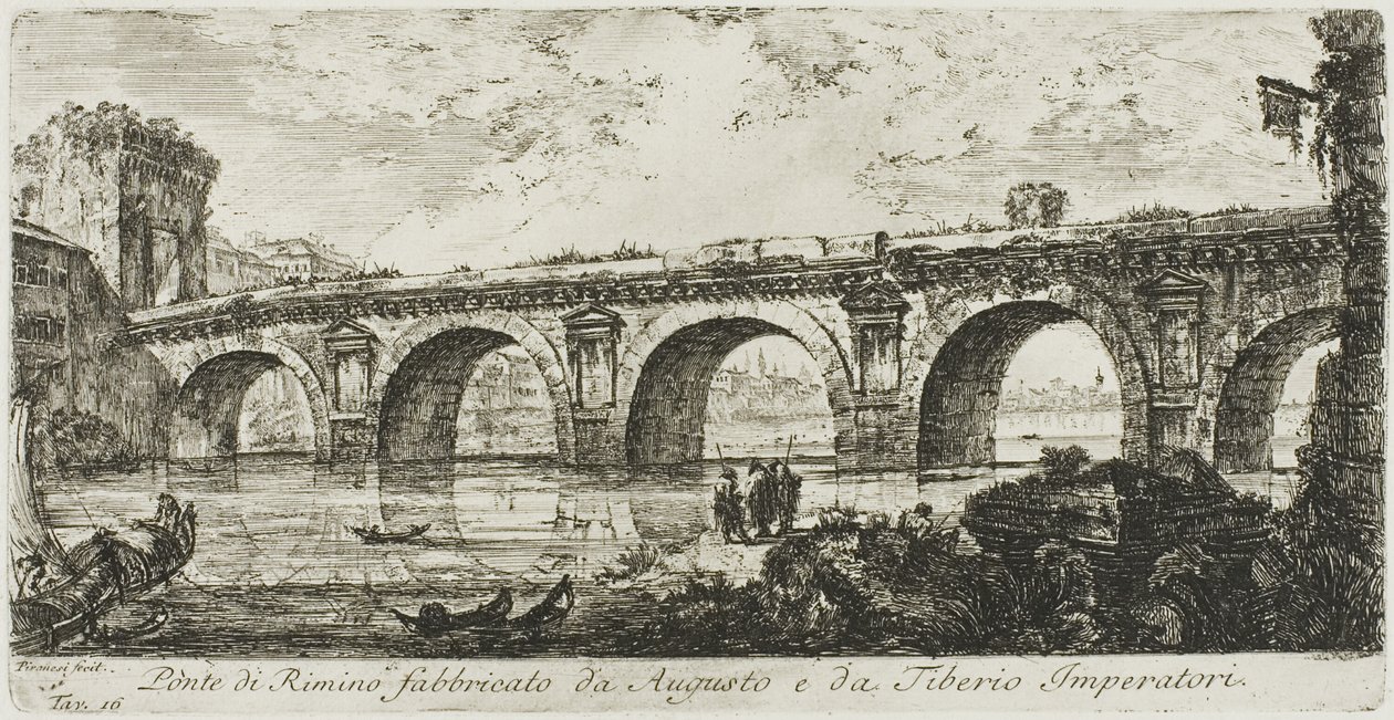 De brug in Rimini gebouwd door de keizers Augustus en Tiberius, plaat 16 uit Enkele uitzichten van triomfbogen en andere monumenten door Giovanni-Battista Piranesi