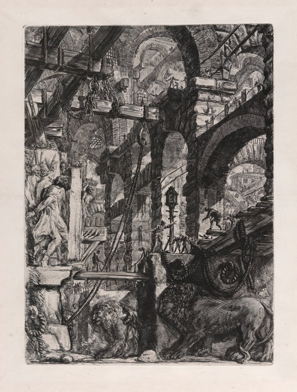 De Leeuwen Bas-Reliefs, plaat 5 uit Carceri d door Giovanni Battista Piranesi