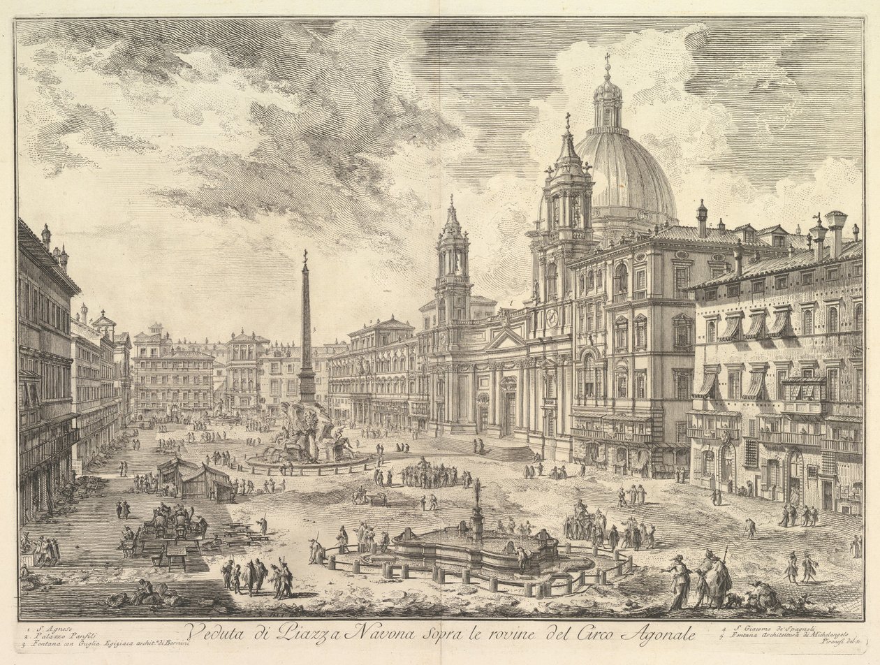 De Piazza Navona, Rome, boven de ruïnes van het Circus van Domitianus, de kerk van Sant