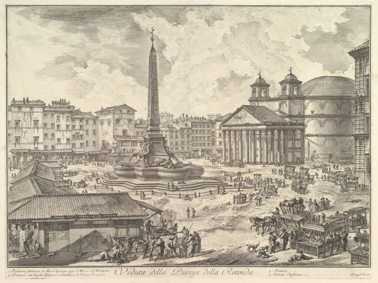 De Piazza della Rotonda, met het Pantheon en de obelisk, uit „Vedute di Roma“ door Giovanni Battista Piranesi