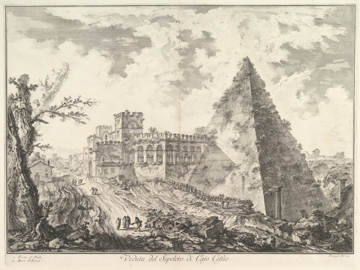 De Piramide van Caius Cestius, met de Porta S. Paolo en aangrenzende weg Veduta del S..., ca. 1755 door Giovanni Battista Piranesi
