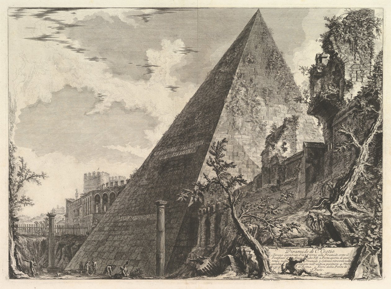 De piramide van Gaius Cestius, uit Vedute di Roma Romeinse Zichten, ca. 1756 door Giovanni Battista Piranesi
